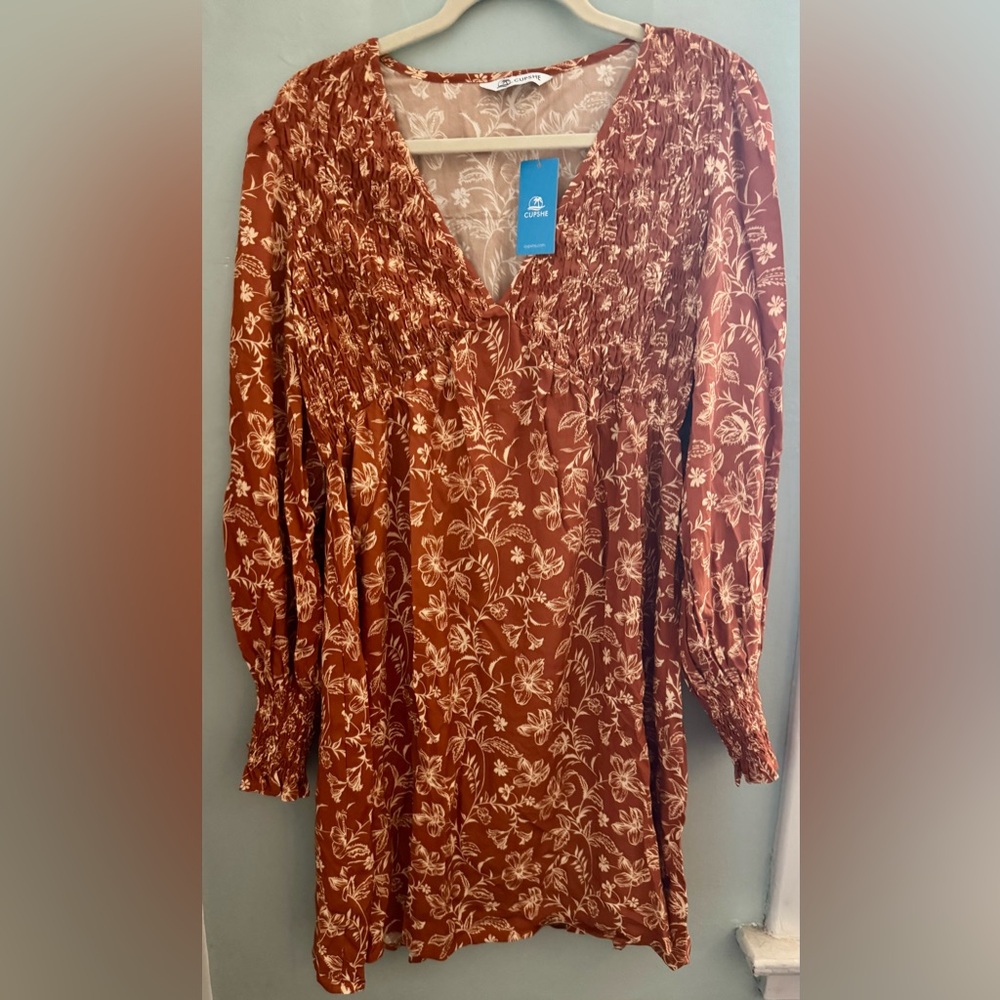 Cupshe Rust Floral Long Sleeve Dress